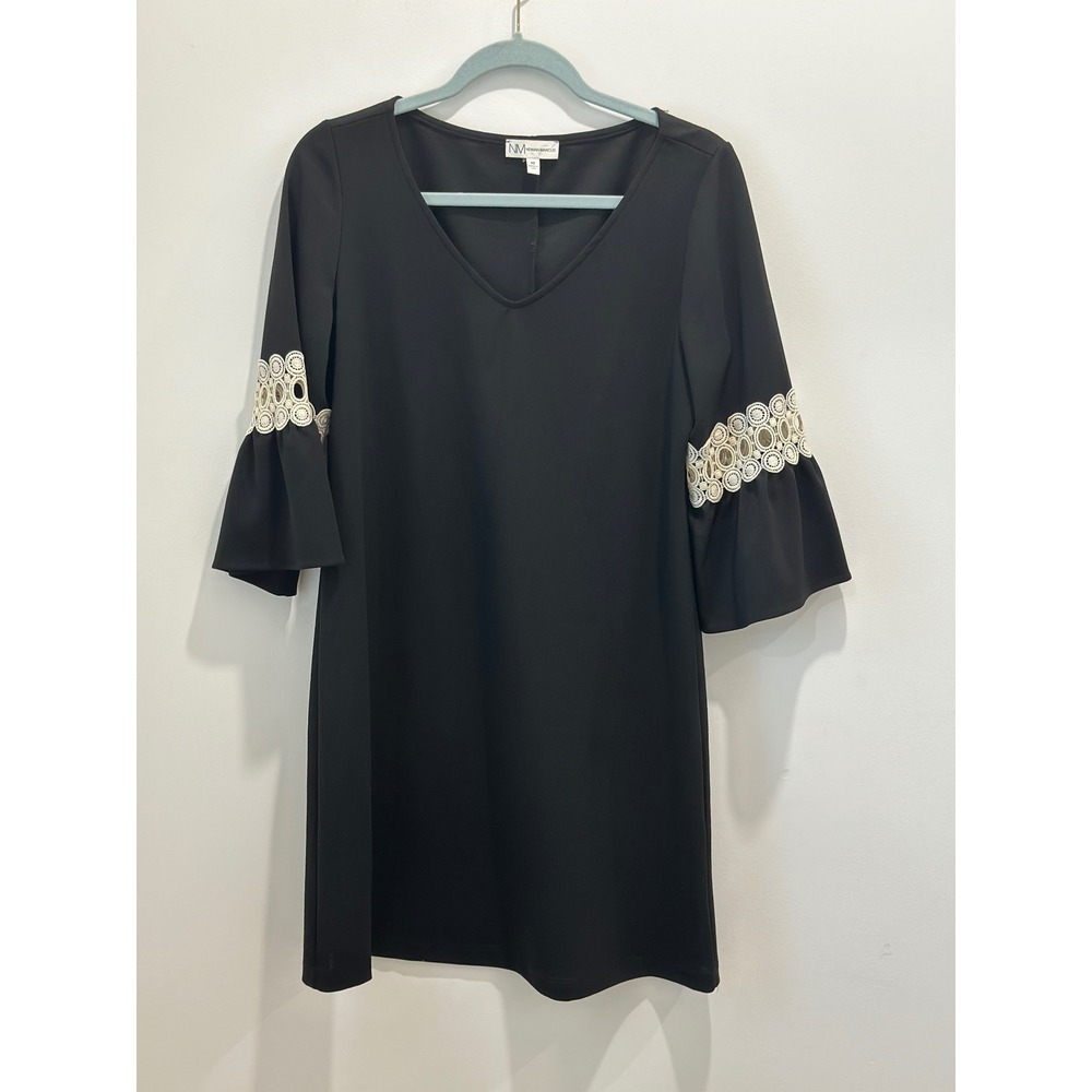 Neiman Marcus Black Bell Sleeve Shift Dress Crochet Lace Trim V-Neck Size 10